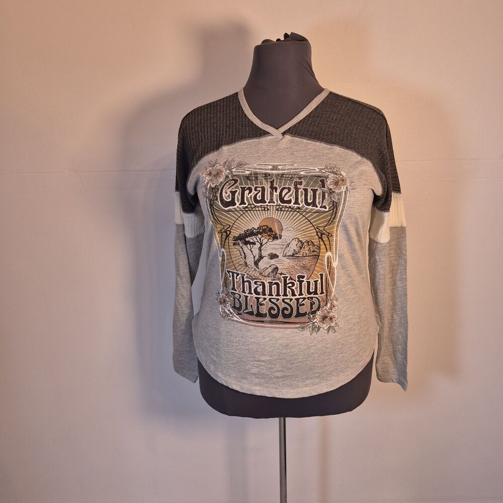 Sable Sky Womens 1X Long Sleeve Graphic T-shirt "Grateful Thankful Blessed" Gray